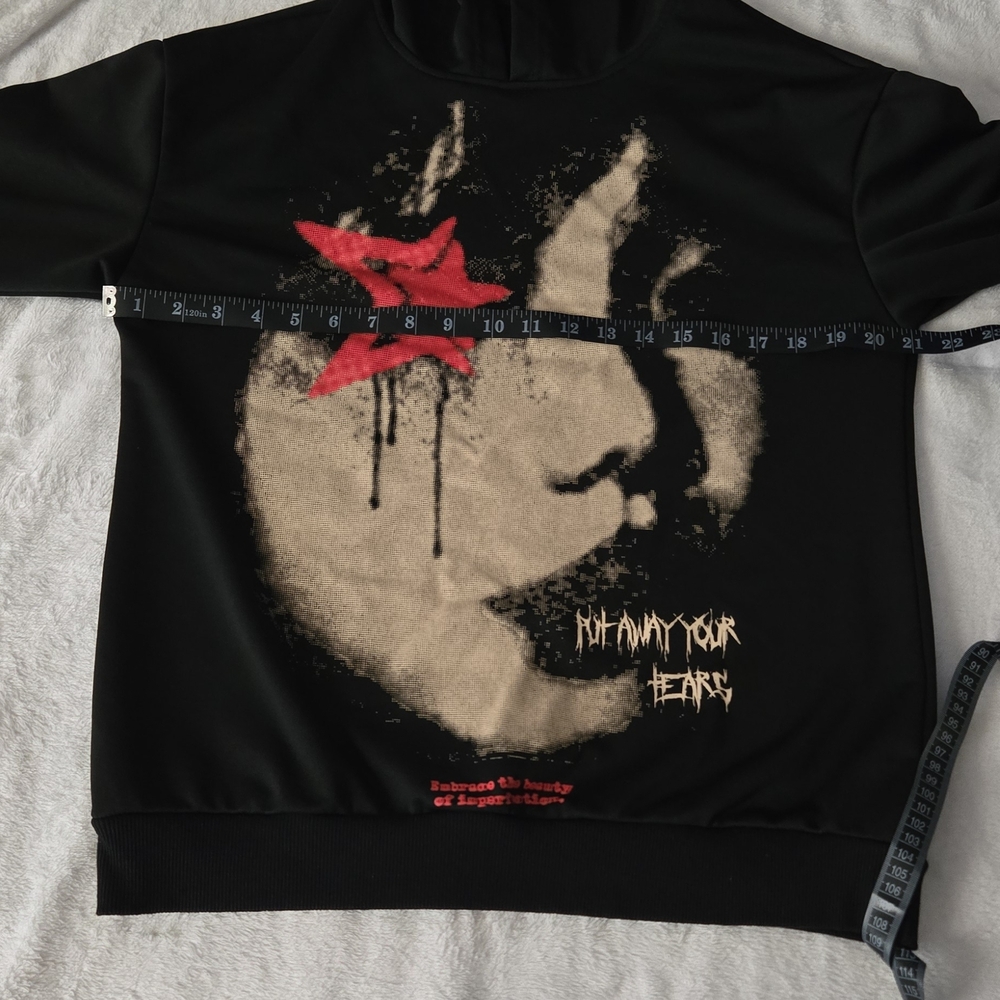 ROMWE Grunge Portrait Hoodie - Black Oversized Streetwear Sweatshirt - Small - Picture 5 of 6